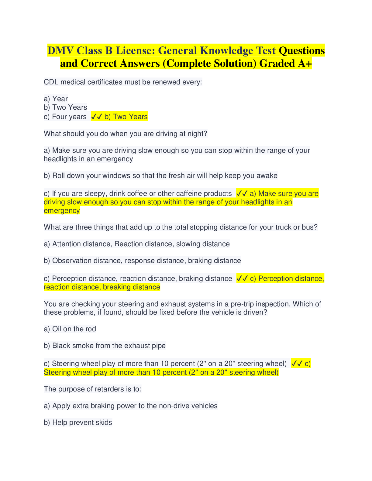 DMV Class B License General Knowledge Test Questions and Correct